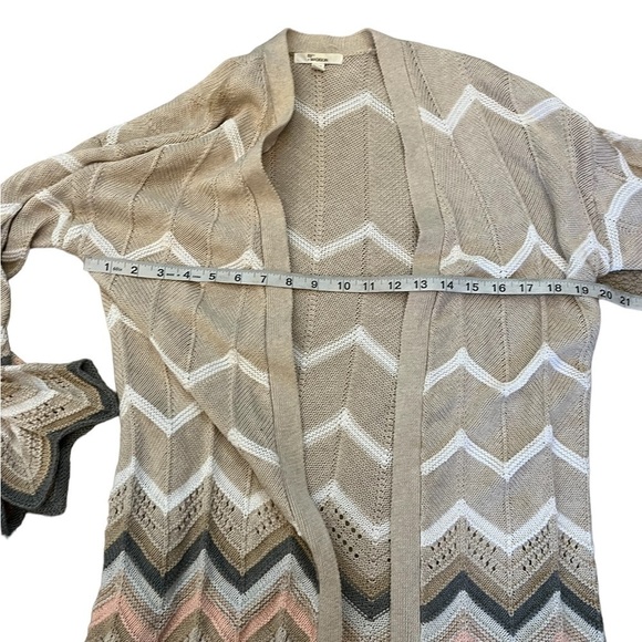 89th+MADISON Tan Chevron Print Crochet Knit Loose Sleeve Open Cardigan Sweater M - Picture 8 of 10